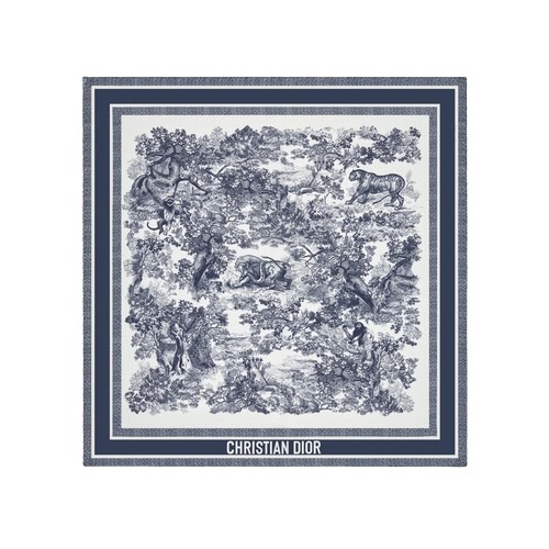 ★DIOR★ Toile de Jouy Sauvage 90 스퀘어 스카프 아이보리 & 네이비 블루 실크 트윌